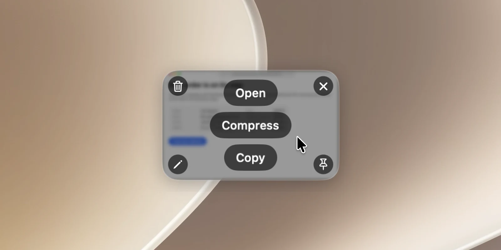 The Quick Access card on hover, default layout: Open (saved image), Compress and Copy in the middle; Delete, Close, Annotate and Stick on Screen in the four corners