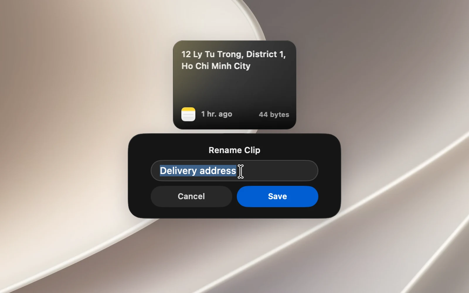 Ô Đổi tên mục bật ra từ một thẻ trên notch