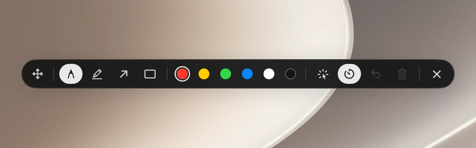 The Draw toolbar: drag handle, Pen, Highlighter, Arrow, Rectangle, 6 color dots, Ink fades, Click through, Undo, Clear, Stop drawing