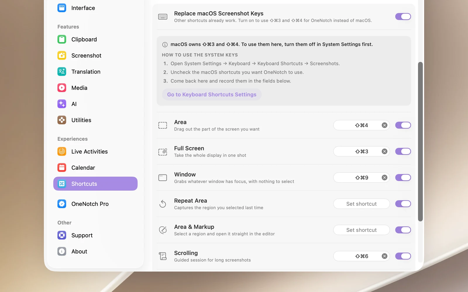 Der Bereich „Screenshot-Tastaturkürzel“ in Einstellungen › Tastaturkürzel: der Schalter „Bildschirmfoto-Tasten von macOS ersetzen“, das Hinweisfeld und die Zeilen mit den Kürzeln