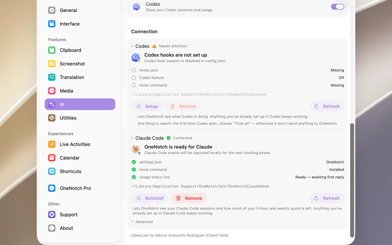 The Connection section in Settings › AI: Codex not set up (Setup button), Claude Code connected with settings.json, Hook command, Usage status line, and the Reinstall, Remove and Refresh buttons