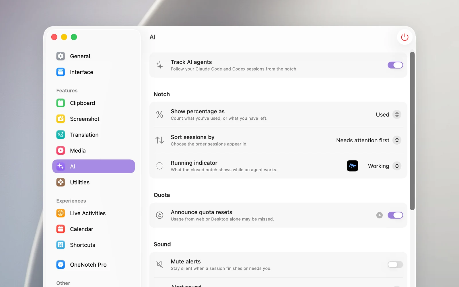 Settings › AI: Track AI agents, and the Notch, Quota, Sound and Agents sections