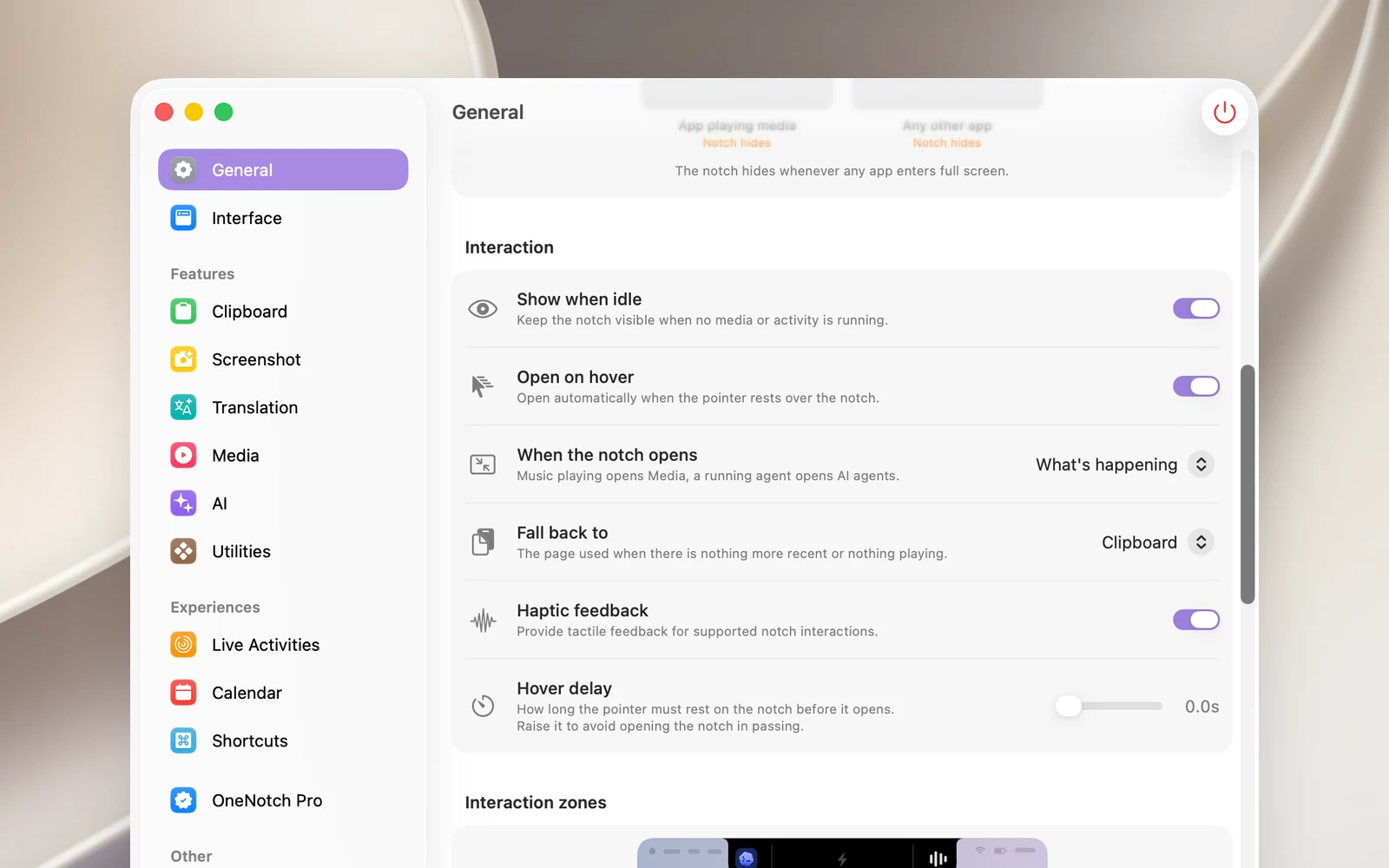 The Interaction section in Settings › General: Show when idle, Open notch on hover, When the notch opens, Page to open, Enable haptic feedback, Hover delay