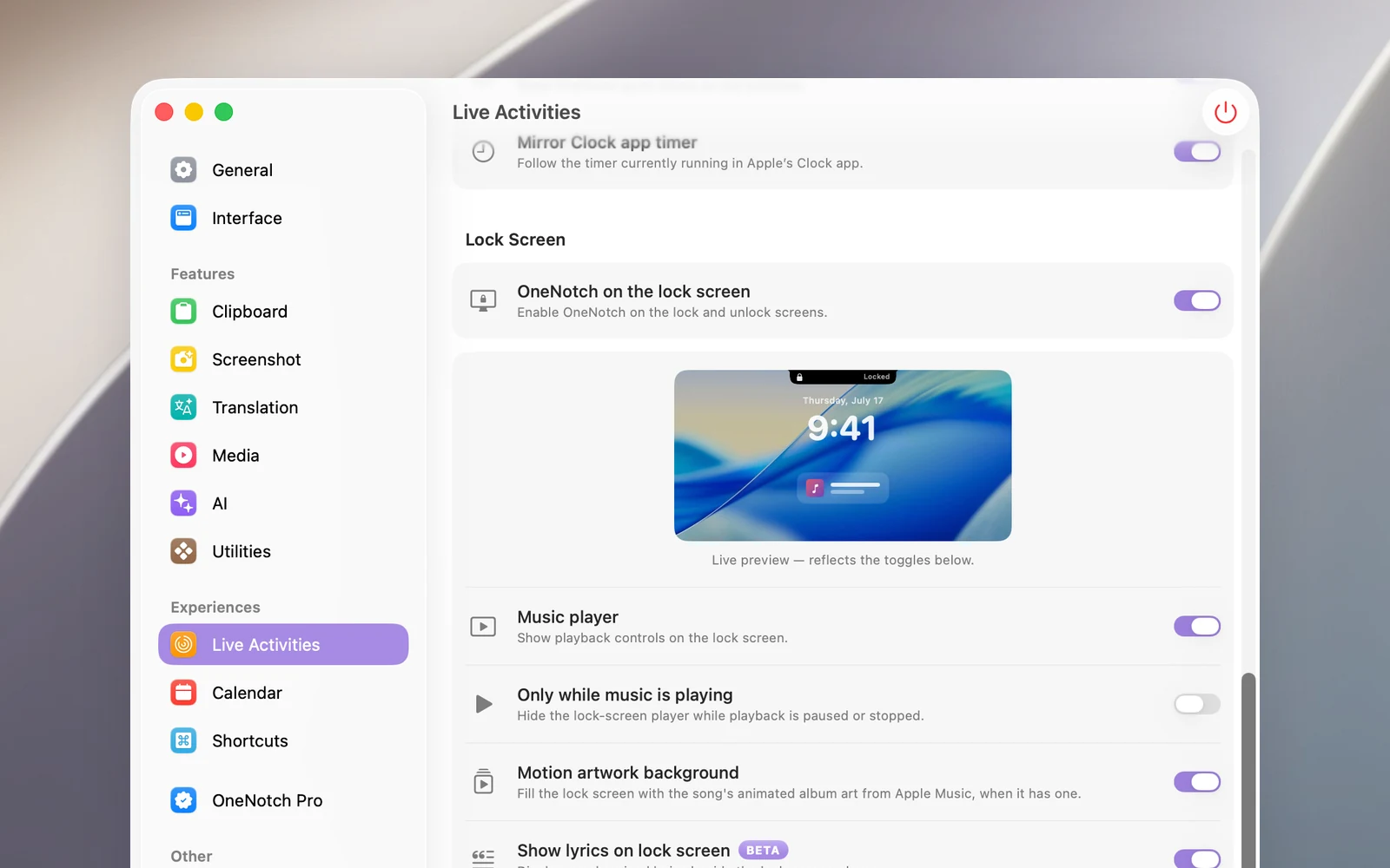 The lock screen preview in Settings › Live Activities › Lock Screen, reflecting the switches below it