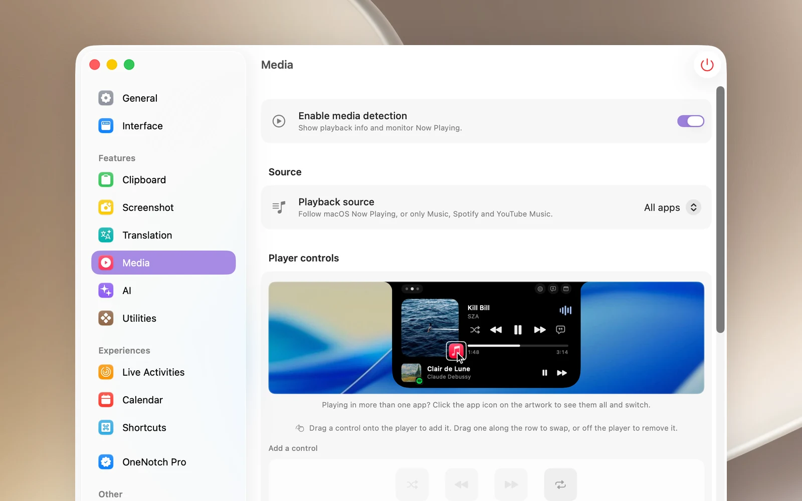 The first two items in Settings › Media: Enable media detection and Playback source