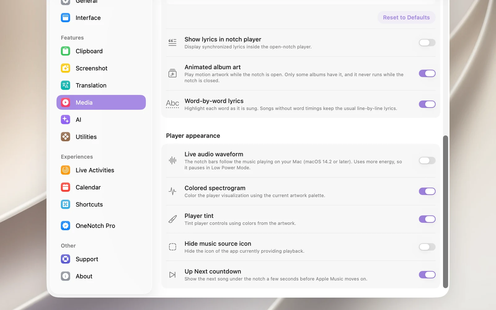 The Player Appearance section in Settings › Media