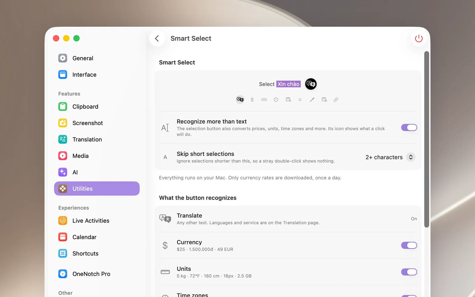 Die Seite „Smart Select“ (klicke in der Liste unter „Einstellungen › Dienstprogramme“ auf die Zeile „Smart Select“; in der Symbolleiste gibt es eine Zurück-Taste): animierte Vorschau, „Mehr als Text erkennen“, „Kurze Auswahlen überspringen“ und die Liste „Was die Schaltfläche erkennt“