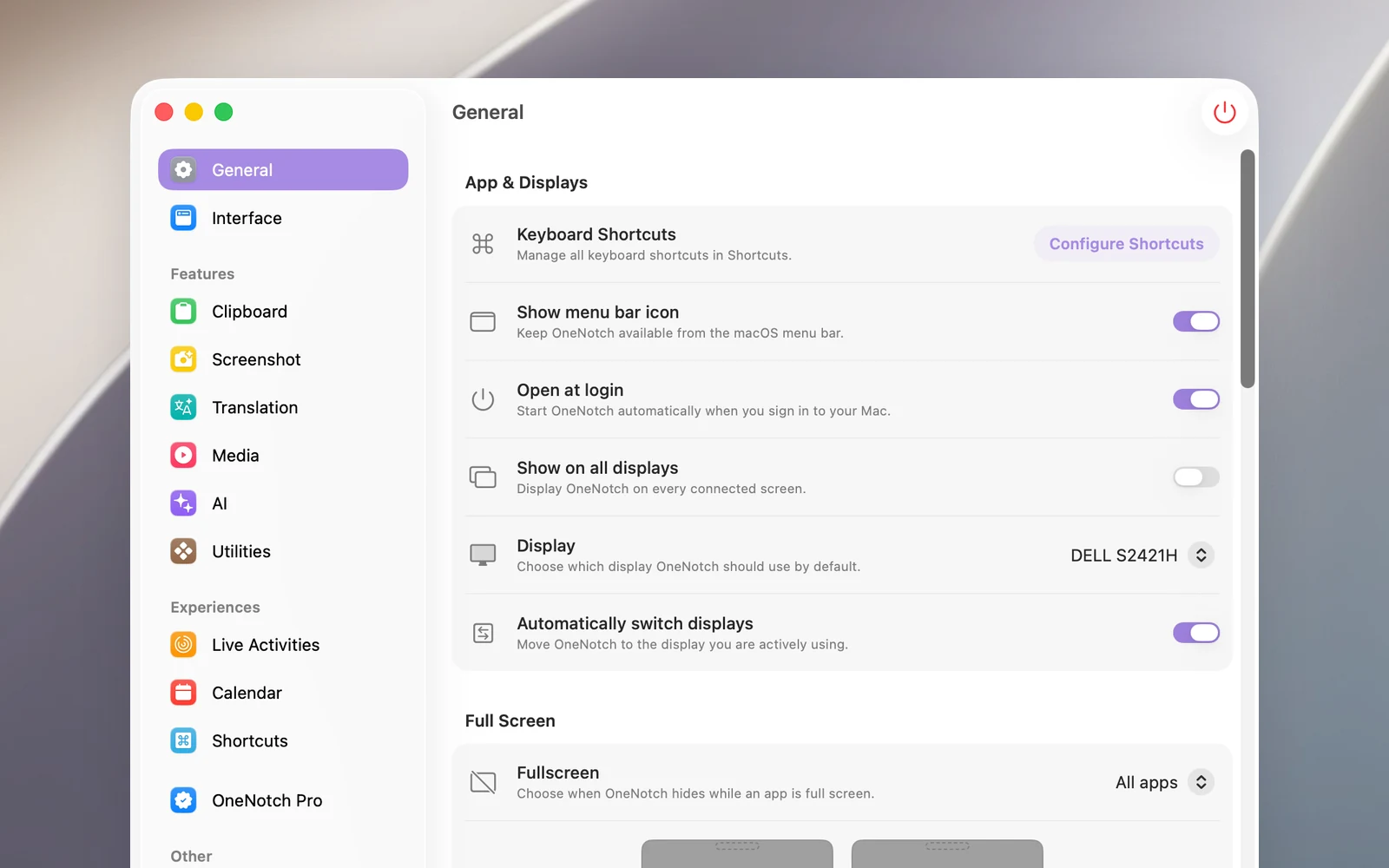 The sidebar of the OneNotch Settings window, with the Features, Experiences and Other groups