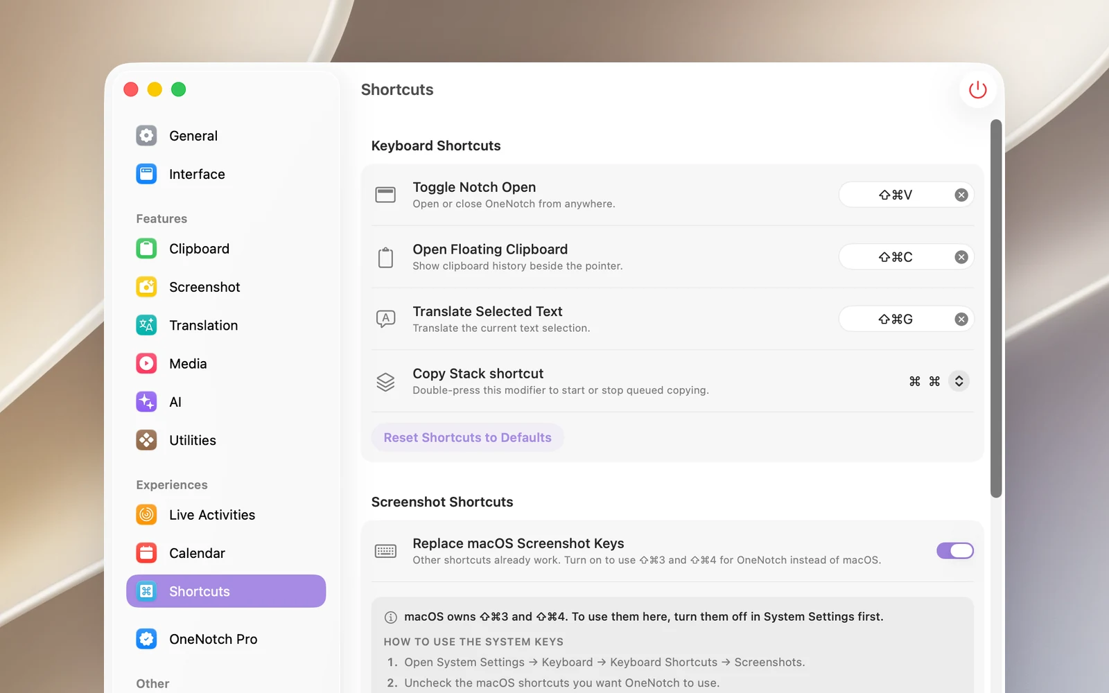 Settings › Shortcuts: the keyboard shortcuts section and the screenshot shortcuts section