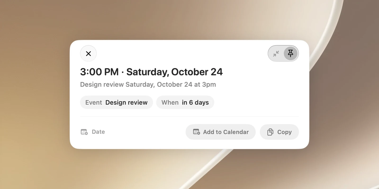 The Smart Select date card for "Design review Saturday, October 24 at 3pm": the line "3:00 PM · Saturday, October 24", the Event (Design review) and When (in 6 days) fields, and the Add to Calendar and Copy buttons