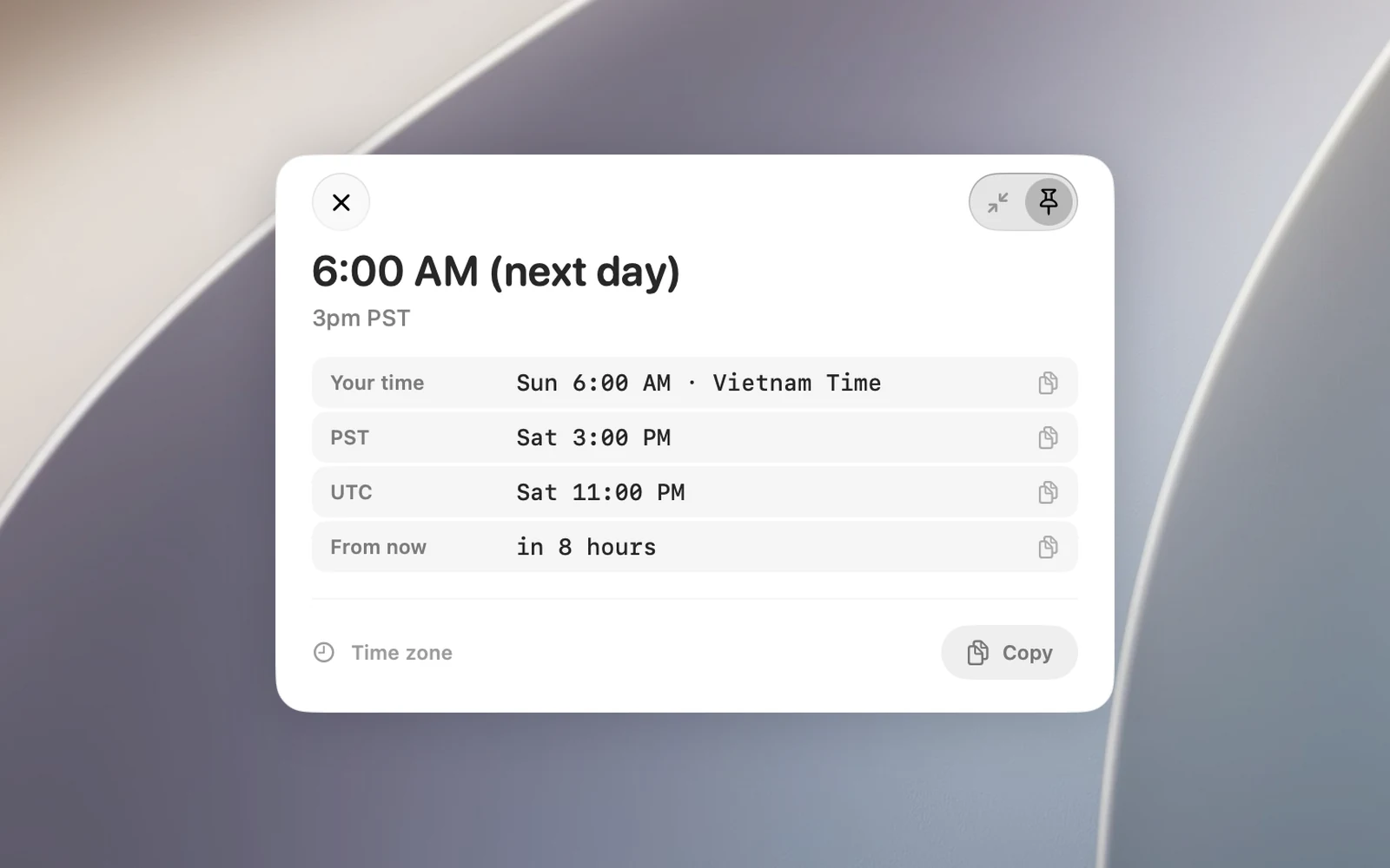The time zone card: your time at the top, then the Your time, source time zone, UTC and From now rows