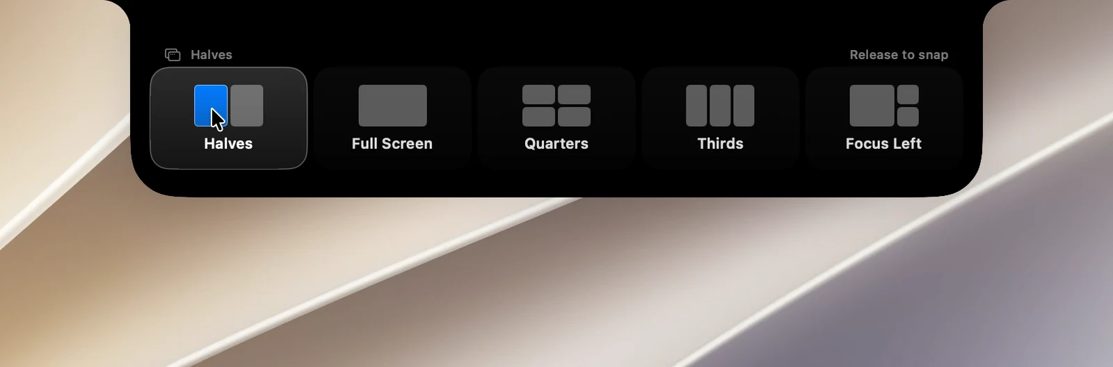 The notch opening a row of layouts as a window is dragged onto it, with one zone in the Halves layout under the pointer