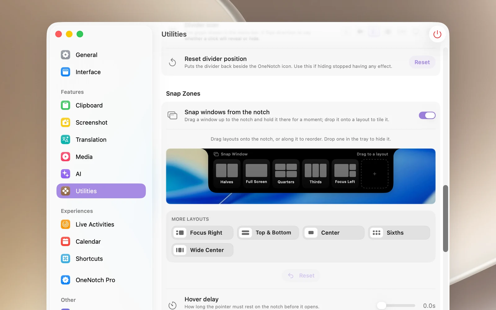 The layout row editor in Settings › Utilities › Snap Zones: a mock notch with layouts and the More Layouts tray