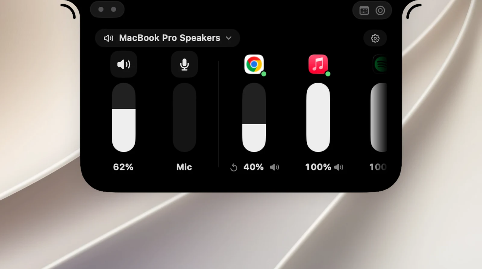 The Sound page in the notch: the output picker (speaker name + arrow) at the top left, a gear button at the top right; a row of vertical sliders with the Output column, the Mic column and one column for each app playing sound (app icon with a green dot, percentage, mute button)