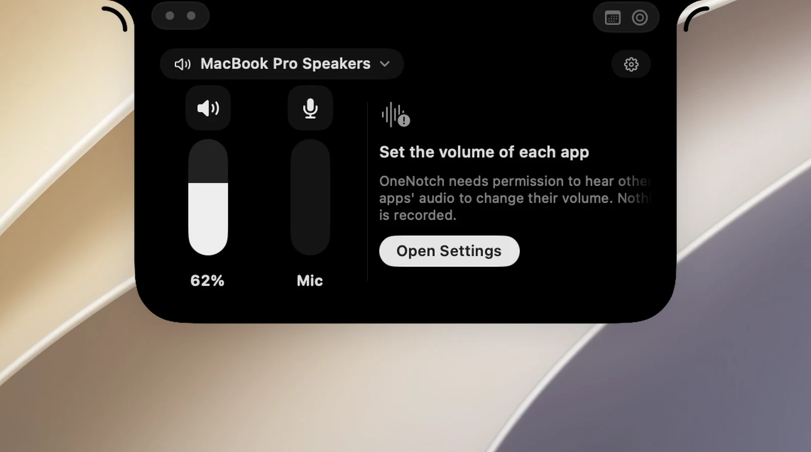 The Sound page without permission to hear other apps' audio: the "Set the volume of each app" column, an explanation and the Allow button, beside the Output and Mic columns