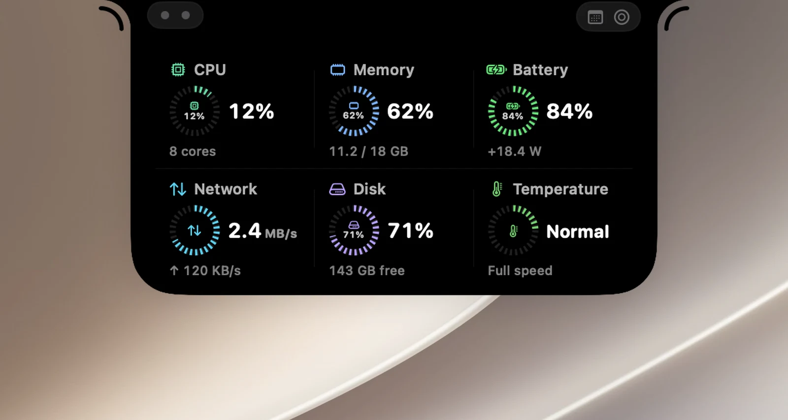 Die Seite „Systemmonitor“ in der Notch: ein Raster aus 3 × 2 Kacheln mit CPU, Speicher, Batterie, Netzwerk, Festplatte und Temperatur, jede Kachel mit einer großen Zahl und einer zweiten Zeile