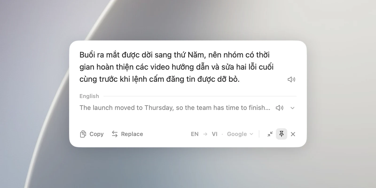 The floating translation panel with a passage, the source block below it and the footer: Copy, Replace, VI ⇄ EN · Google, Continue in notch, pin, ✕