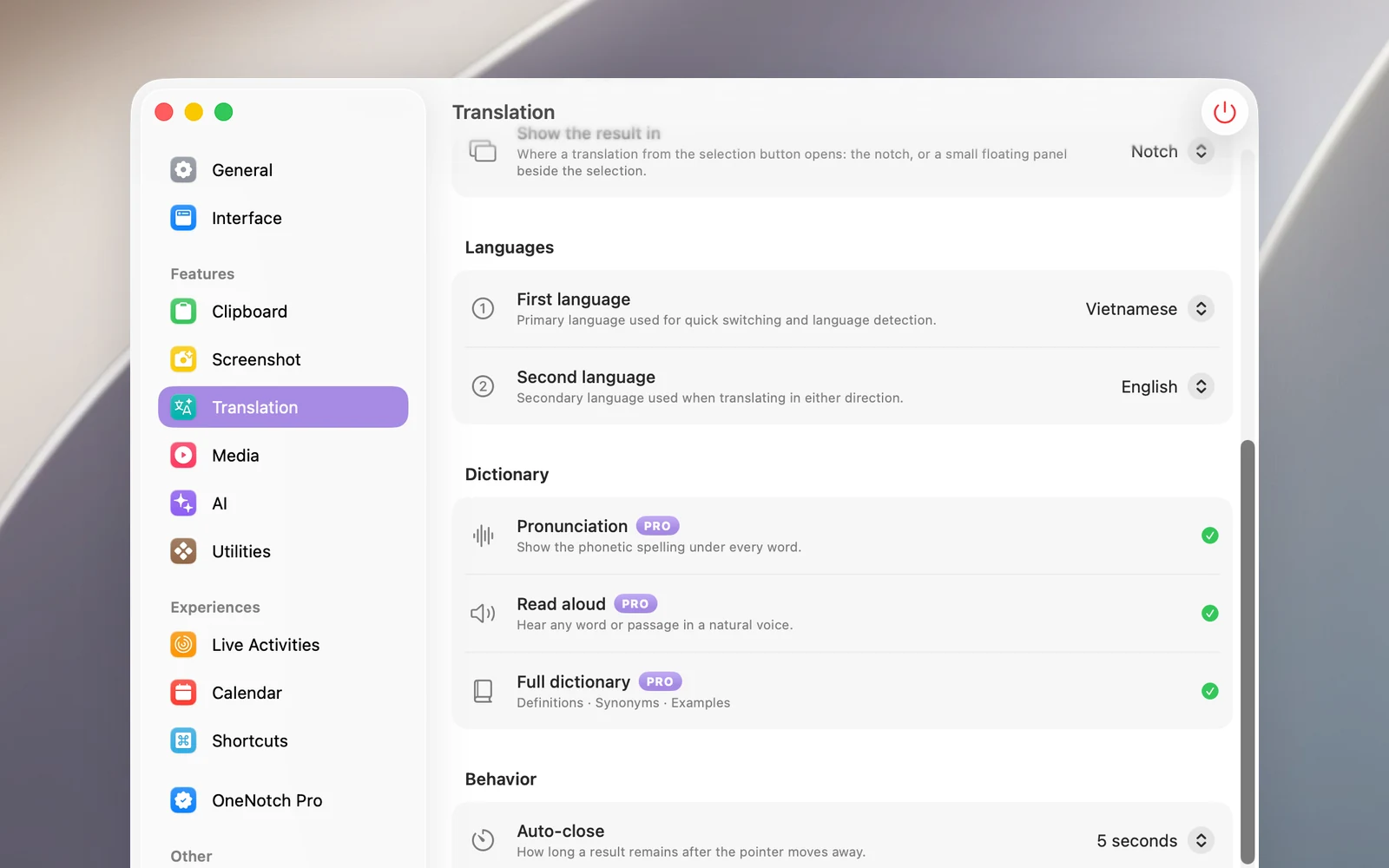 The Languages section in Settings › Translation with First language and Second language