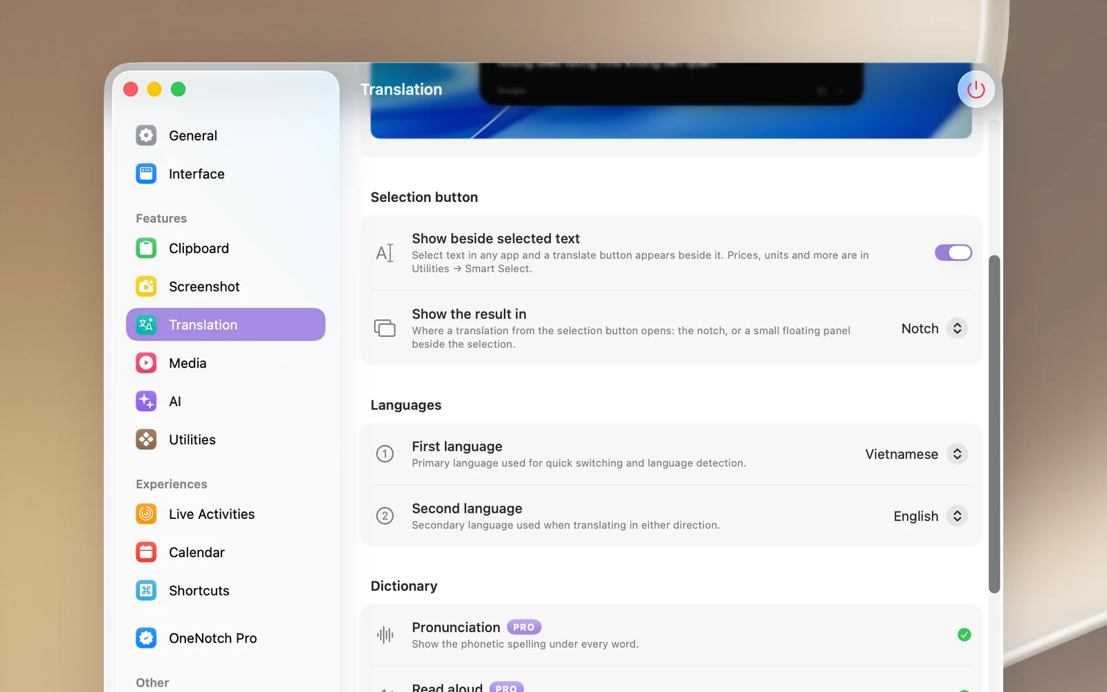 The Selection button section in Settings › Translation: Show beside selected text and Show the result in