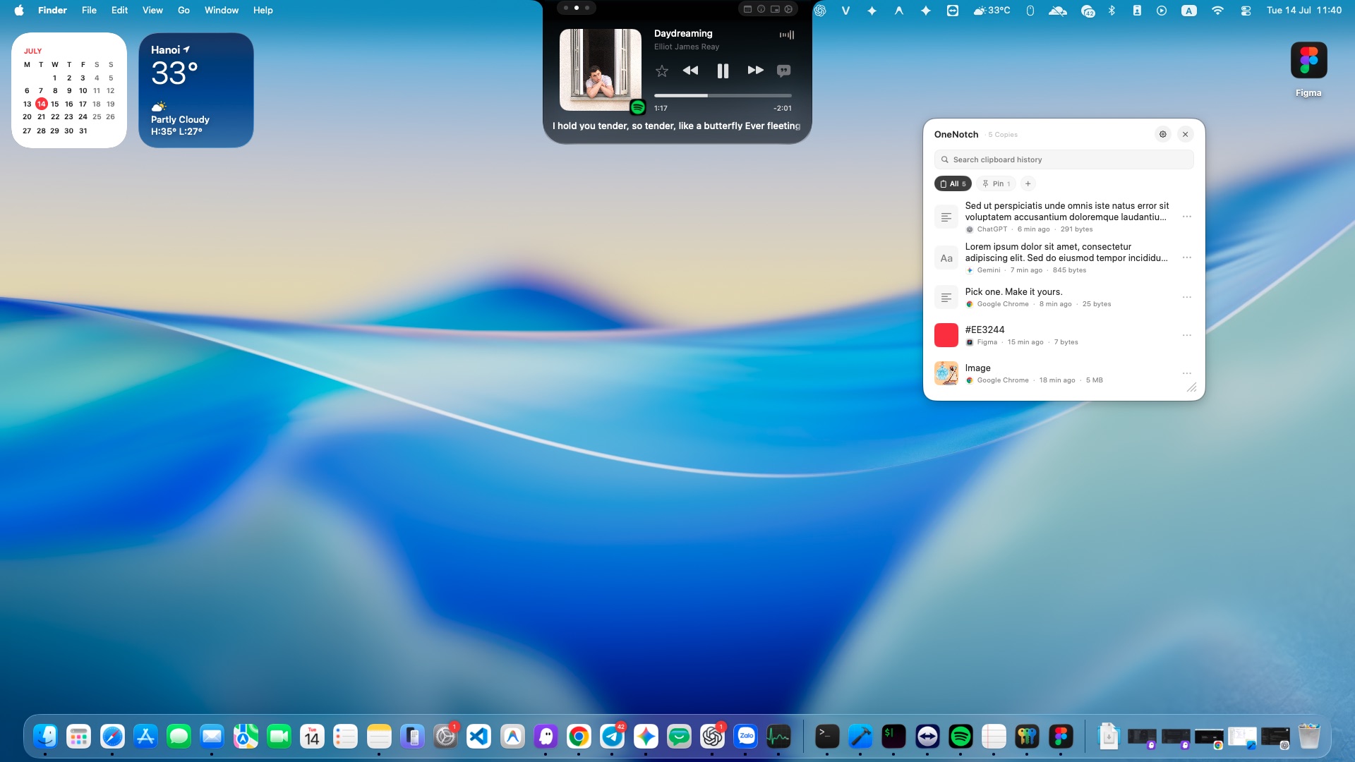 OneNotch Now Playing interface on a real macOS desktop